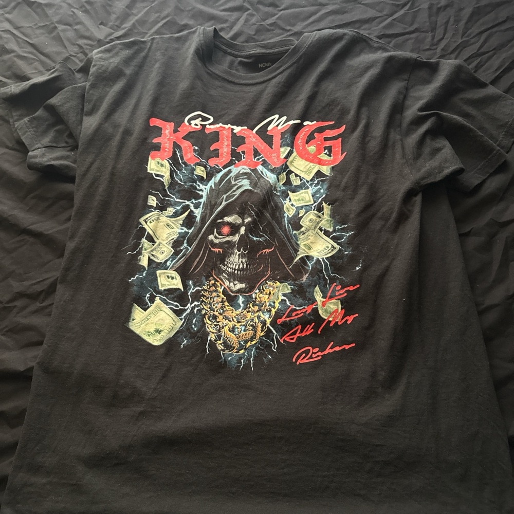 Black Graphic T-Shirt with Skull and Money Design